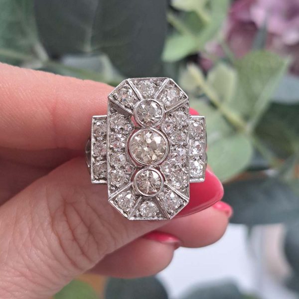 Art Deco 3ct Old Cut Diamond Trilogy Three Stone Diamond Cluster Panel Tablet Ring in Platinum and 18ct White Gold