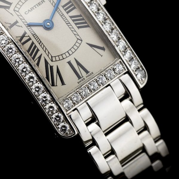 Ladies Cartier Tank Americaine 2489 18ct White Gold Quartz Watch with Factory Diamonds and Cartier Service. Under 2 year Cartier warranty from October 2024