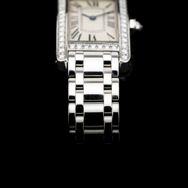 Ladies Cartier Tank Americaine 2489 18ct White Gold Quartz Watch with Factory Diamonds and Cartier Service. Under 2 year Cartier warranty from October 2024