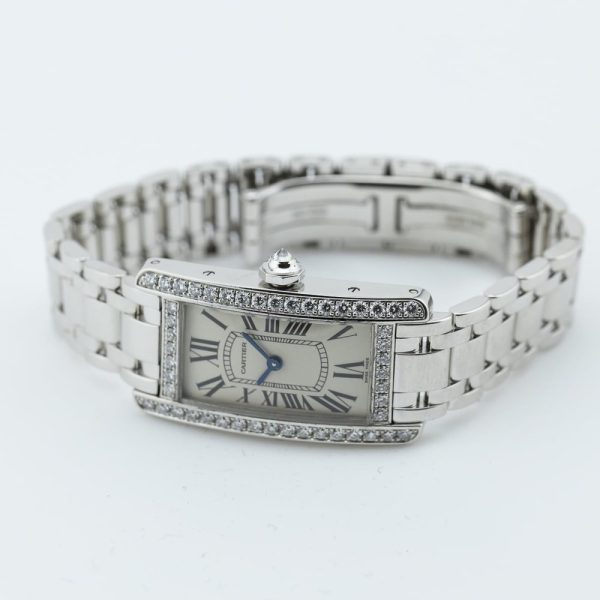 Ladies Cartier Tank Americaine 2489 18ct White Gold Quartz Watch with Factory Diamonds and Cartier Service. Under 2 year Cartier warranty from October 2024