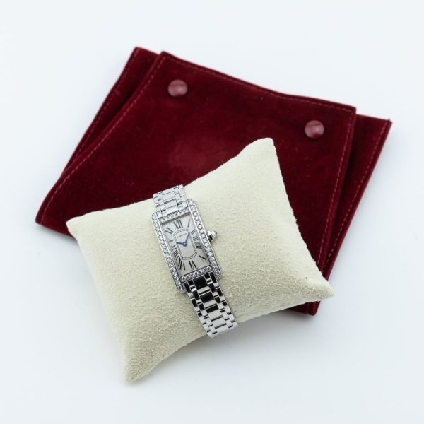 Ladies Cartier Tank Americaine 2489 18ct White Gold Quartz Watch with Factory Diamonds and Cartier Service. Under 2 year Cartier warranty from October 2024