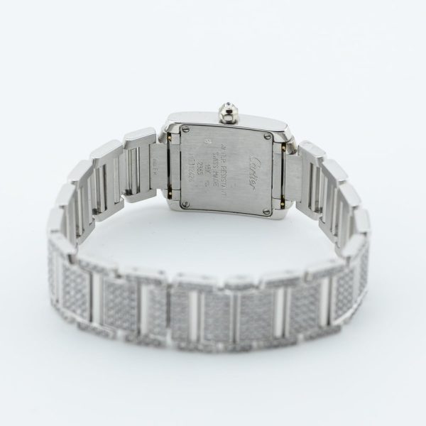 Cartier Tank Francaise 2365 White Gold Factory Diamonds Watch with Cartier service 2024, fully loaded set with approx. 6 carats of top colour and clarity round brilliant cut diamonds. Presented in its Cartier box along with a Cartier service warranty certificate from 2024 2 year warranty from Cartier