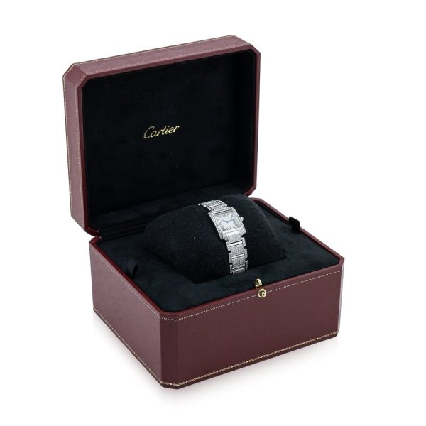 Cartier Tank Francaise 2365 White Gold Factory Diamonds Watch with Cartier service 2024, fully loaded set with approx. 6 carats of top colour and clarity round brilliant cut diamonds. Presented in its Cartier box along with a Cartier service warranty certificate from 2024 2 year warranty from Cartier
