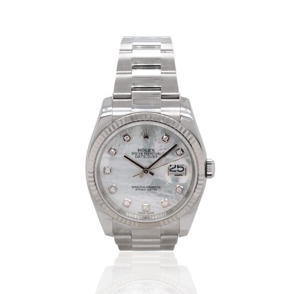 Ladies Rolex Datejust Diamond Dot Mother of Pearl Steel Automatic Watch, mother-of-pearl dial set with diamond-dot hour markers, fluted bezel, automatic calibre 3135 movement, with box, outer box, and sleeve