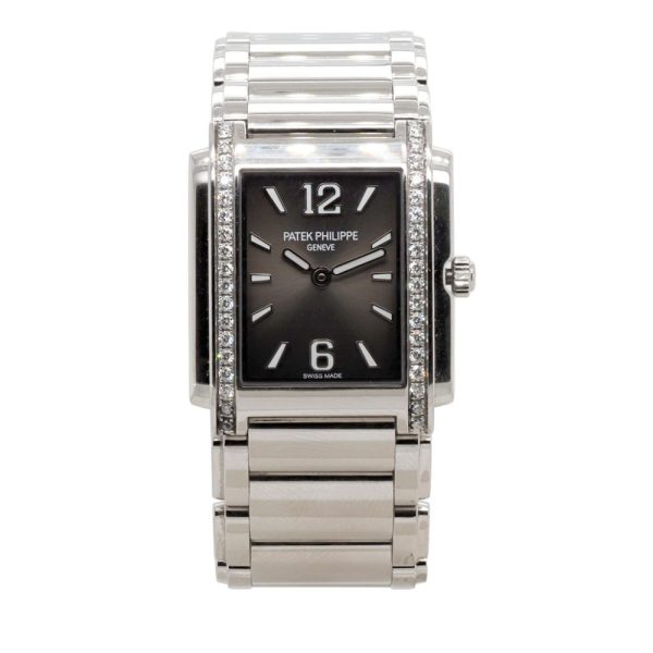 Patek Philippe Twenty 4 Manchette Diamond Steel Quartz Watch, ref 4910/1200A, grey sunburst dial with diamond bezel on a stainless steel bracelet strap