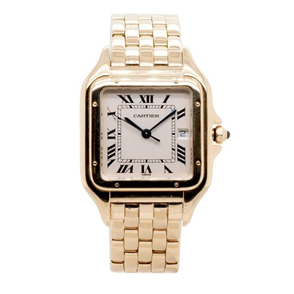 Vintage Cartier Panthere 18ct Yellow Gold Medium Model 1060 Quartz Date Bracelet Watch, white dial with Roman Numeral hour markers on bracelet strap with fold-over clasp. Circa 1990s