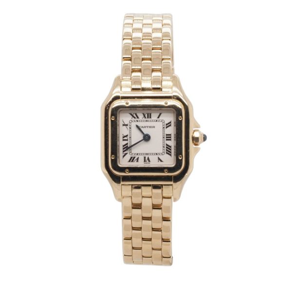 Vintage Cartier Panthere 18ct Yellow Gold Small Model Quartz Bracelet Watch, white dial with Roman Numeral hour markers on bracelet strap with fold-over clasp. Circa 1990s