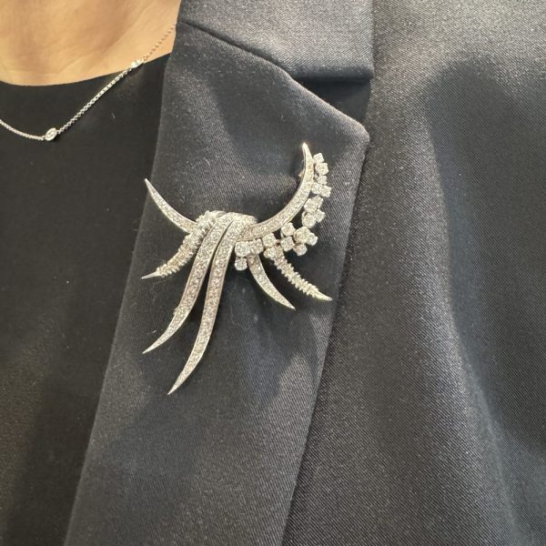 Vintage 2.50ct Diamond Spray Brooch, mid 20th century diamond brooch set with round brilliant-cut diamonds in a half moon and spray design with baguette-cut diamond accents in 18ct white gold. Circa 1940s / 1950s