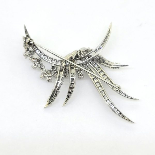 Vintage 2.50ct Diamond Spray Brooch, mid 20th century diamond brooch set with round brilliant-cut diamonds in a half moon and spray design with baguette-cut diamond accents in 18ct white gold. Circa 1940s / 1950s