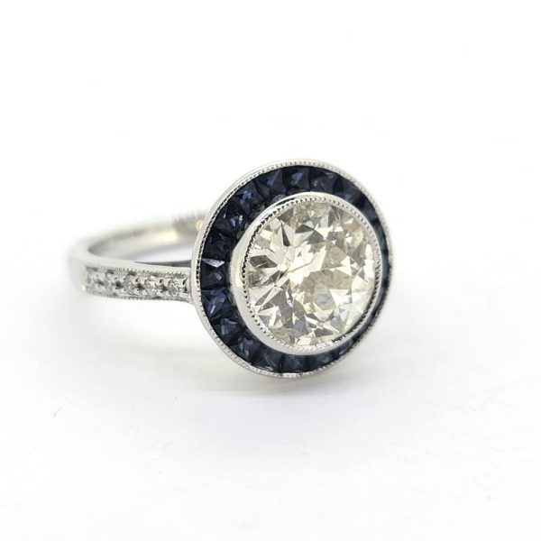 2.22ct Old Cut Diamond and Calibre Sapphire Halo Cluster Target Engagement Ring