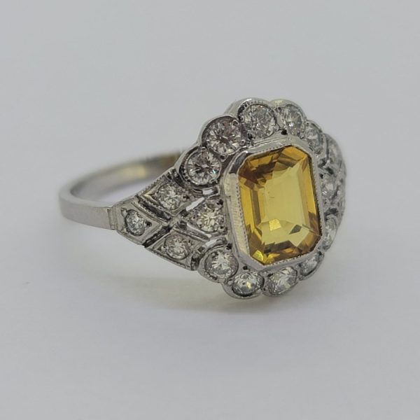 Decorative 1.40ct Yellow Sapphire and Diamond Floral Cluster Engagement Ring in Platinum