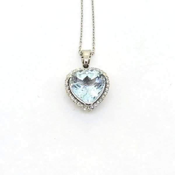 3ct Aquamarine and Diamond Heart Cluster Pendant, Pretty heart-shaped aquamarine in a diamond surround in 14ct white gold on a fine white gold chain