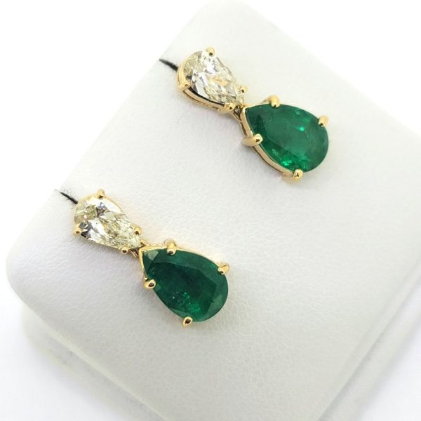 2.97ct Pear Cut Emerald and Diamond Drop Earrings, Pear shaped emerald pendant drops suspended from 1.50cts pear cut diamond tops in 18ct yellow gold
