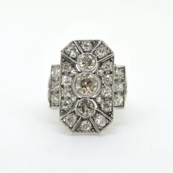 Art Deco Three Stone Diamond Cluster Panel Ring, decorative diamond tablet ring three diamonds within diamond panel surround with diamond stepped shoulders in 18ct white gold
