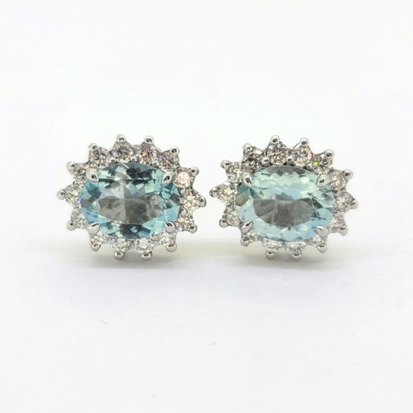 2.50ct Aquamarine and Diamond Oval Cluster Stud Earrings in 18ct White Gold