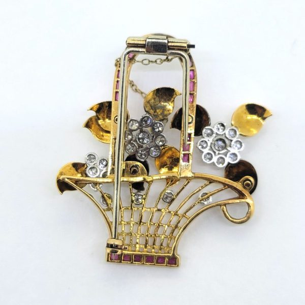 Ruby and Diamond Set Jardiniere Brooch, 18ct yellow gold jardiniere brooch with 1.50cts diamond flowers, gold leaves and a ruby handle