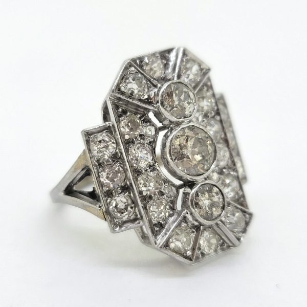 Art Deco Three Stone Diamond Cluster Panel Ring, decorative diamond tablet ring three diamonds within diamond panel surround with diamond stepped shoulders in 18ct white gold