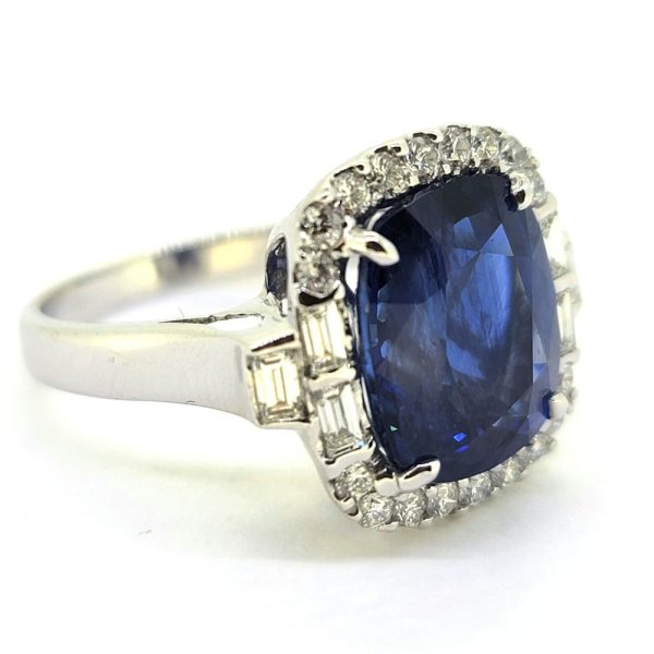 Fine 6.97ct Cushion Cut Sapphire and Diamond Cluster Engagement Ring with Baguette Diamond Shoulders in 18ct White Gold