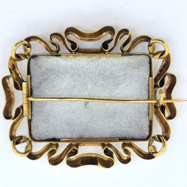Swiss Enamel Brooch in Decorative Gold Frame, Swiss enamel scenery single pin brooch inside detailed ribbon of gold accented with hints of blue enamel