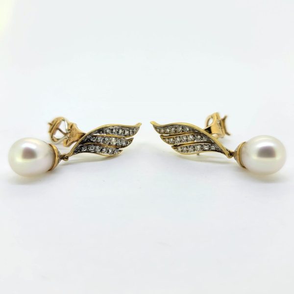 Vintage Akoya Pearl and Diamond Drop Earrings Detachable, diamond and pearl clip earrings pearls detach allowing the diamond feathered tops to be worn alone in 18ct yellow gold
