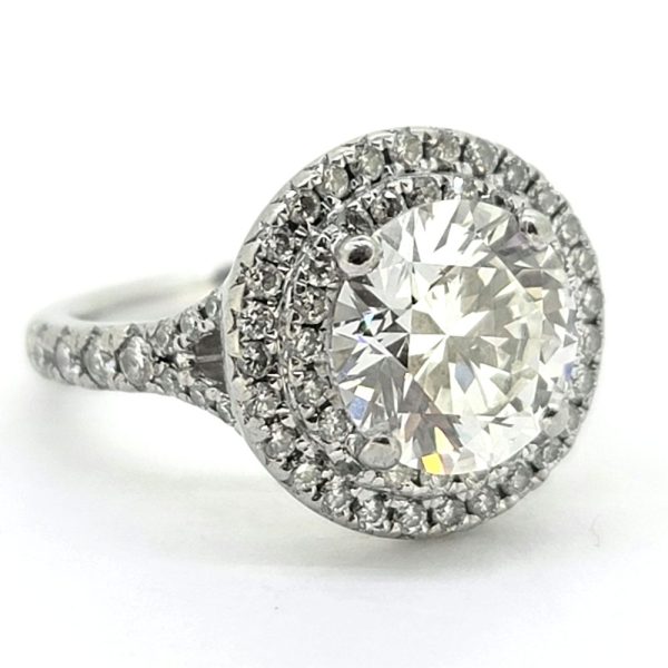 GIA Certified 2.75ct Diamond Double Halo Cluster Engagement Ring in Platinum, GIA certified 2.75 ct diamond within double halo cluster surround with diamond set split shoulders