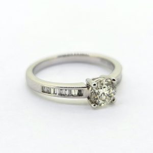 0.85ct Diamond Solitaire Engagement Ring with Baguette Diamond Shoulders in 18ct White Gold