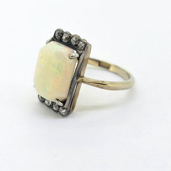 Art Deco Opal and Old Cut Diamond Plaque Tablet Ring, central cabochon opal edged with a top and bottom row of old-cut diamonds