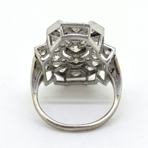 Art Deco Three Stone Diamond Cluster Panel Ring, decorative diamond tablet ring three diamonds within diamond panel surround with diamond stepped shoulders in 18ct white gold