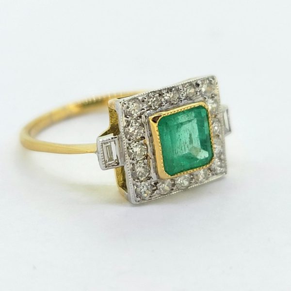 1.20ct Square Emerald and Diamond Cluster Engagement Ring, 1.20ct square-cut emerald surrounded by a border of diamonds with baguette-cut diamond to each shoulder in 18ct yellow and white gold