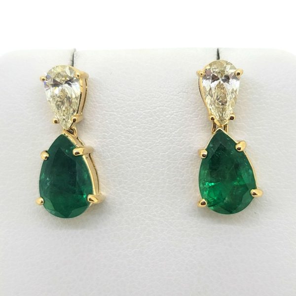 2.97ct Pear Cut Emerald and Diamond Drop Earrings, Pear shaped emerald pendant drops suspended from 1.50cts pear cut diamond tops in 18ct yellow gold