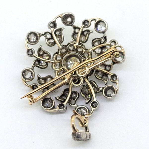 Victorian Antique 3ct Diamond Floral Pendant Brooch, floral diamond circular pendant-come-brooch pendant fitting and detachable/removeable brooch fitting
