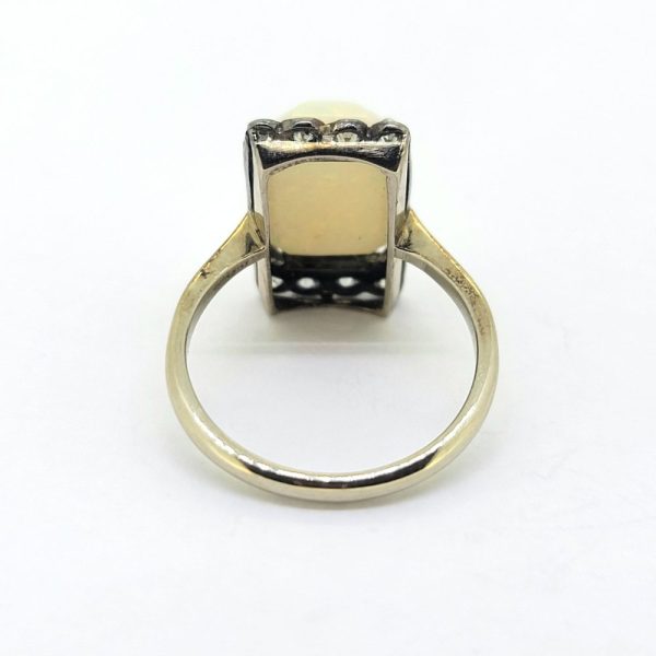 Art Deco Opal and Old Cut Diamond Plaque Tablet Ring, central cabochon opal edged with a top and bottom row of old-cut diamonds