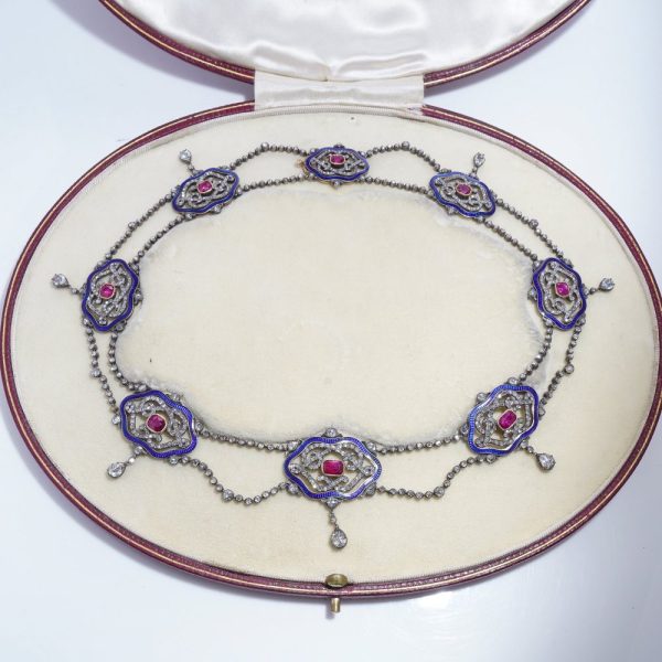 Victorian diamond, ruby and enamel necklace in gold.