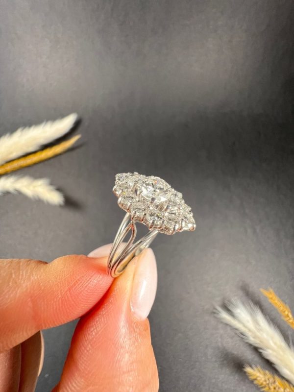 Vintage French 2ct Diamond Marquise Navette Cluster Ring, marquise navette-shaped body set with 2 carats of brilliant cut diamonds in 18ct white gold, with fancy split-shoulders and reeded band. Circa 1980s
