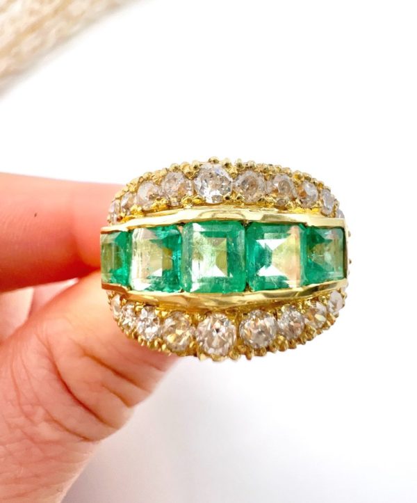 Vintage 1940s Emerald Five Stone Cluster Dress Ring in 18ct Yellow Gold, Five square step-cut emeralds framed top and bottom by a row of sparkling diamonds