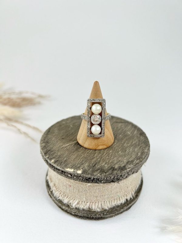Edwardian Antique Pearl and Old Cut Diamond Three Stone Trilogy Plaque Tablet Ring