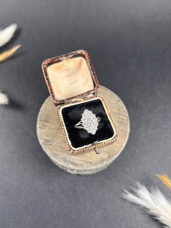 Vintage French 2ct Diamond Marquise Navette Cluster Ring, marquise navette-shaped body set with 2 carats of brilliant cut diamonds in 18ct white gold, with fancy split-shoulders and reeded band. Circa 1980s
