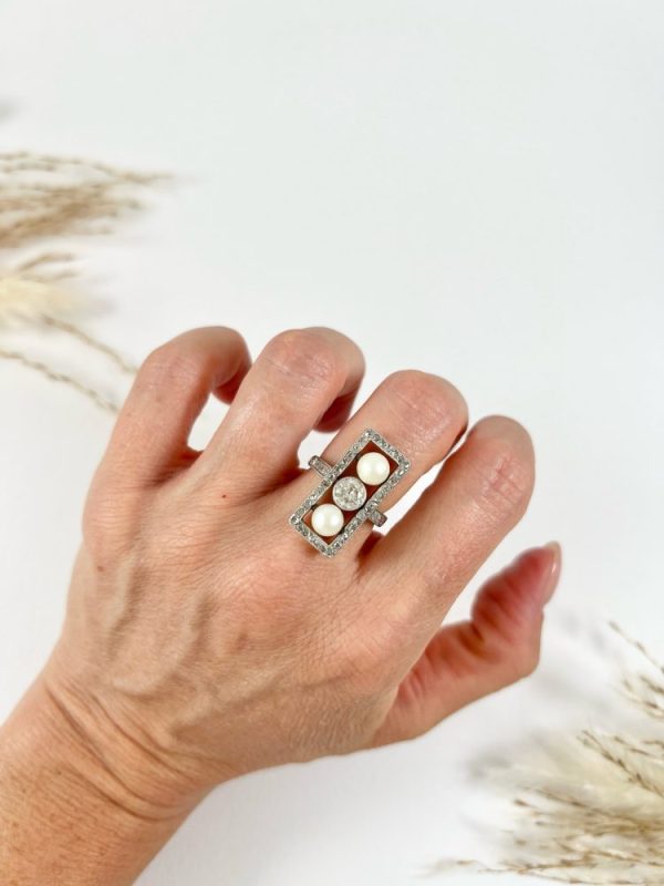 Edwardian Antique Pearl and Old Cut Diamond Three Stone Trilogy Plaque Tablet Ring