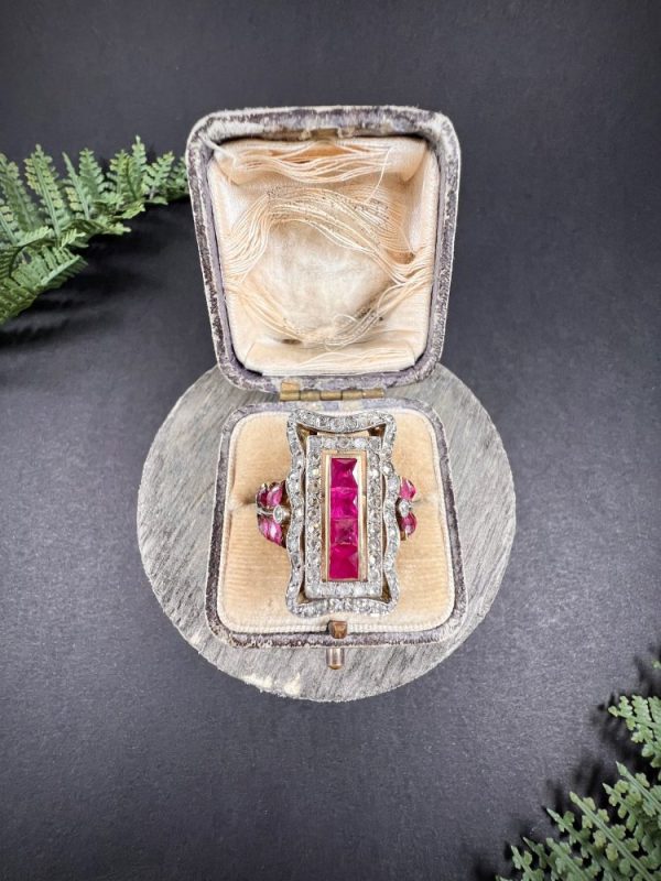 Edwardian Antique Ruby and Diamond Rectangular Cluster Tablet Plaque Ring, Central row of calibre rubies surrounded by rectangular halo of diamonds in 18ct gold