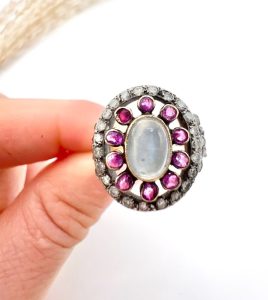 Victorian Antique Moonstone Ruby and Diamond Cluster Ring