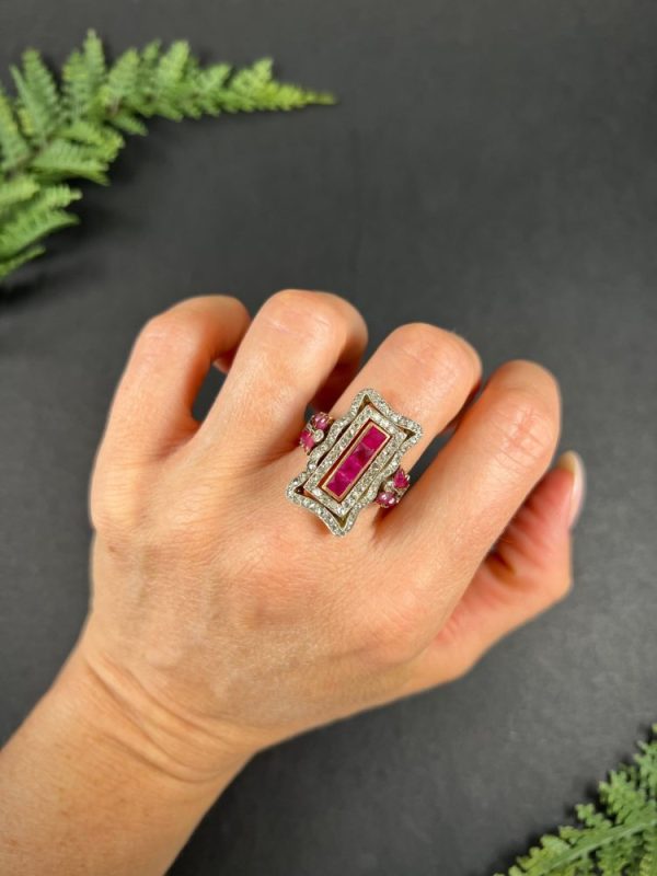 Edwardian Antique Ruby and Diamond Rectangular Cluster Tablet Plaque Ring, Central row of calibre rubies surrounded by rectangular halo of diamonds in 18ct gold