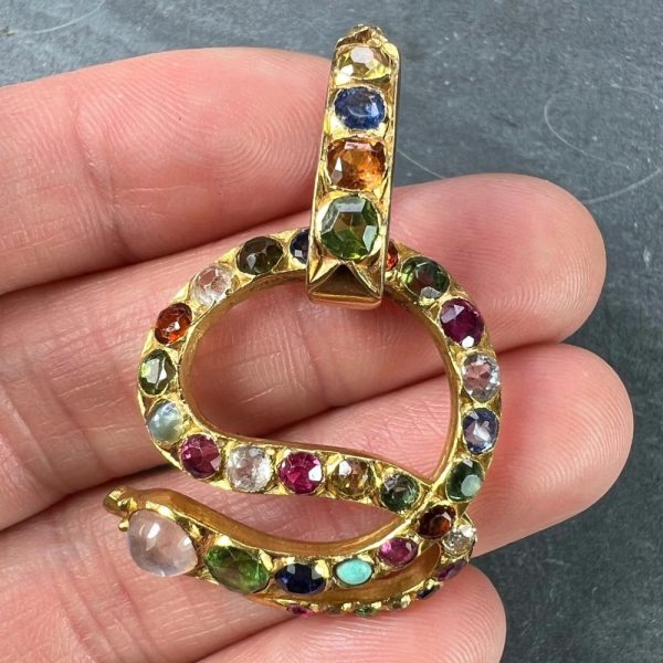 Multi Gemstone Set 18ct Yellow Gold Snake Serpent Pendant with moonstone, turquoise, sapphire, ruby, diamond, citrine, garnet, chrysoberyl and rock crystal