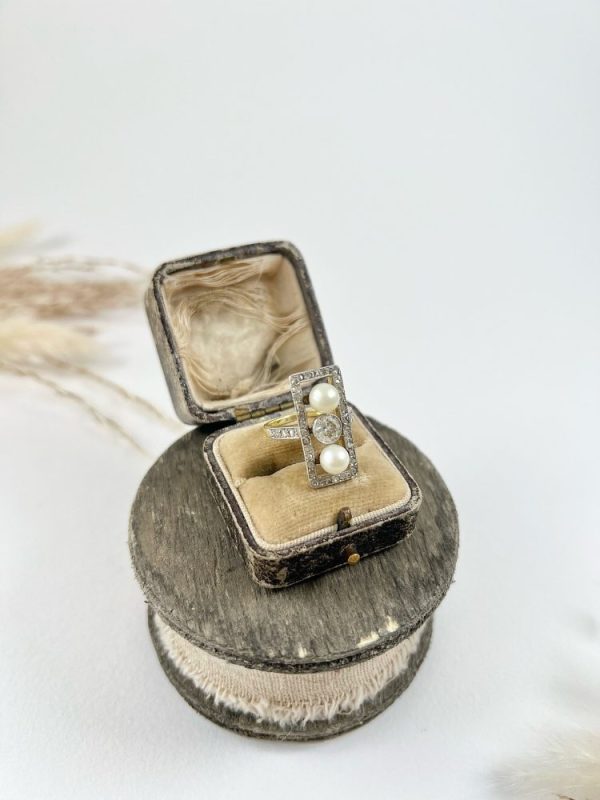 Edwardian Antique Pearl and Old Cut Diamond Trilogy Plaque Tablet Ring