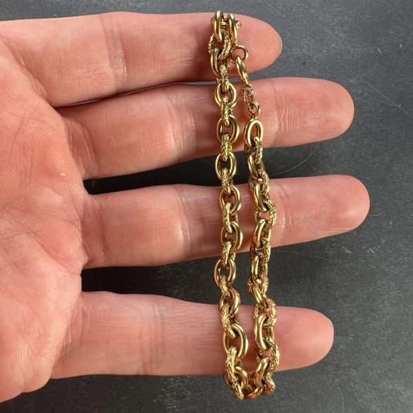 Vintage French 18ct Yellow Gold Textured Cable Link Bracelet with alternating textured and smooth links