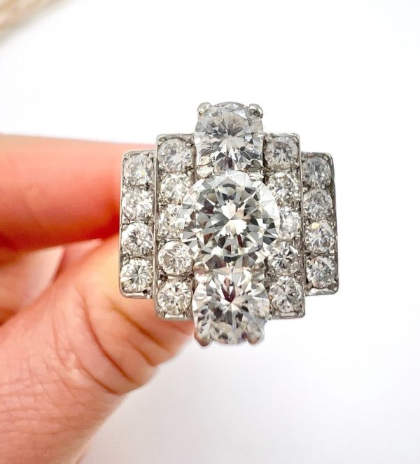 Vintage French 3.5ct Diamond Tiered Tank Cocktail Ring in 18ct White Gold and Platinum, Circa 1960s