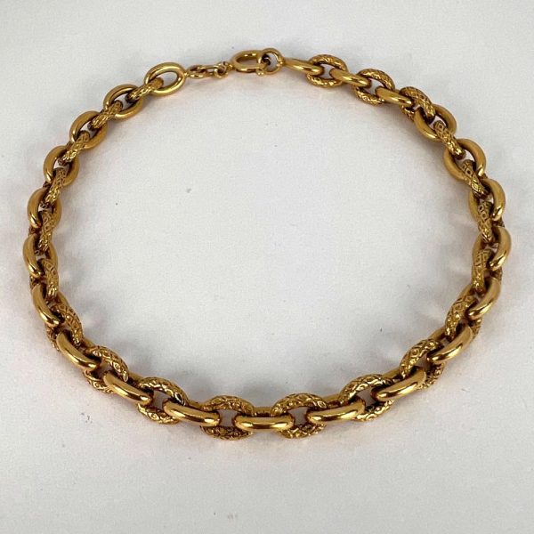Vintage French 18ct Yellow Gold Textured Cable Link Bracelet with alternating textured and smooth links