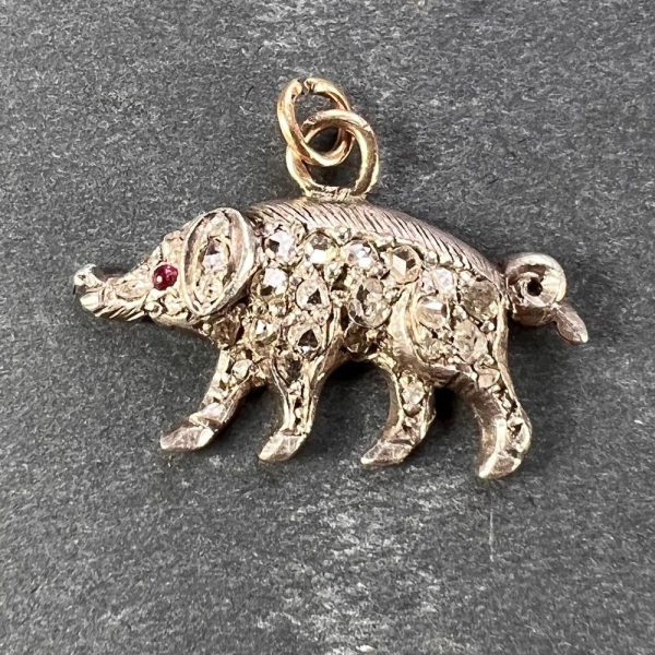 Antique 0.40ct Rose Cut Diamond Set Pig Charm Pendant in Silver and 18ct Rose Gold with Cabochon Ruby Eye