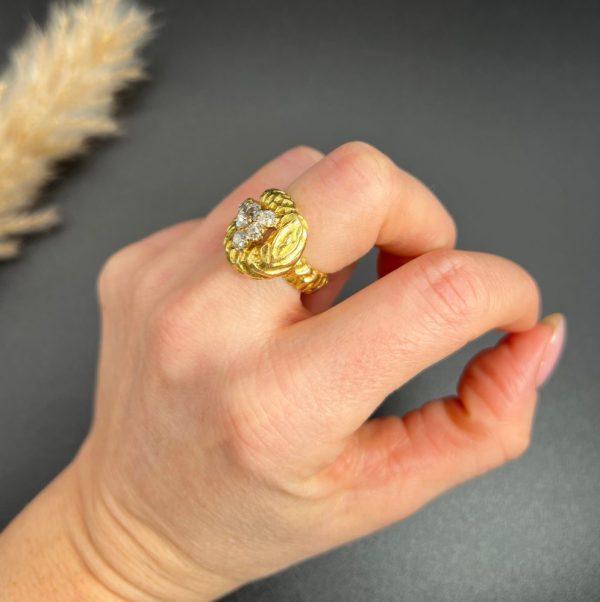 Vintage French 1950s Hammered 18ct Yellow Gold Diamond Buckle Ring, 18ct yellow gold buckle ring with unique hammered finish adorned with diamonds