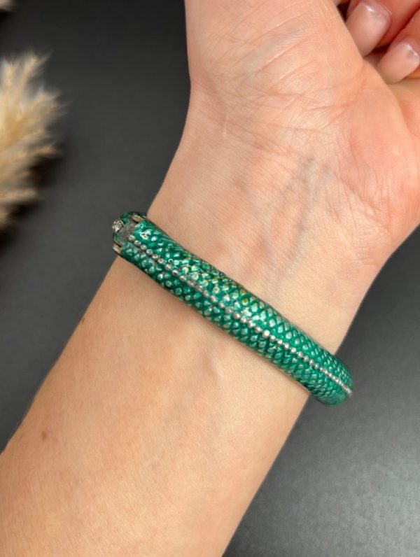 Vintage Green Enamel and 6ct Diamond Snake Bangle Bracelet, Vibrant green enamel and 6 carats of diamonds in silver upon gold Circa 1980s