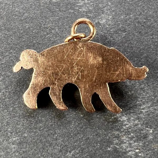 Antique 0.40ct Rose Cut Diamond Set Pig Charm Pendant in Silver and 18ct Rose Gold with Cabochon Ruby Eye